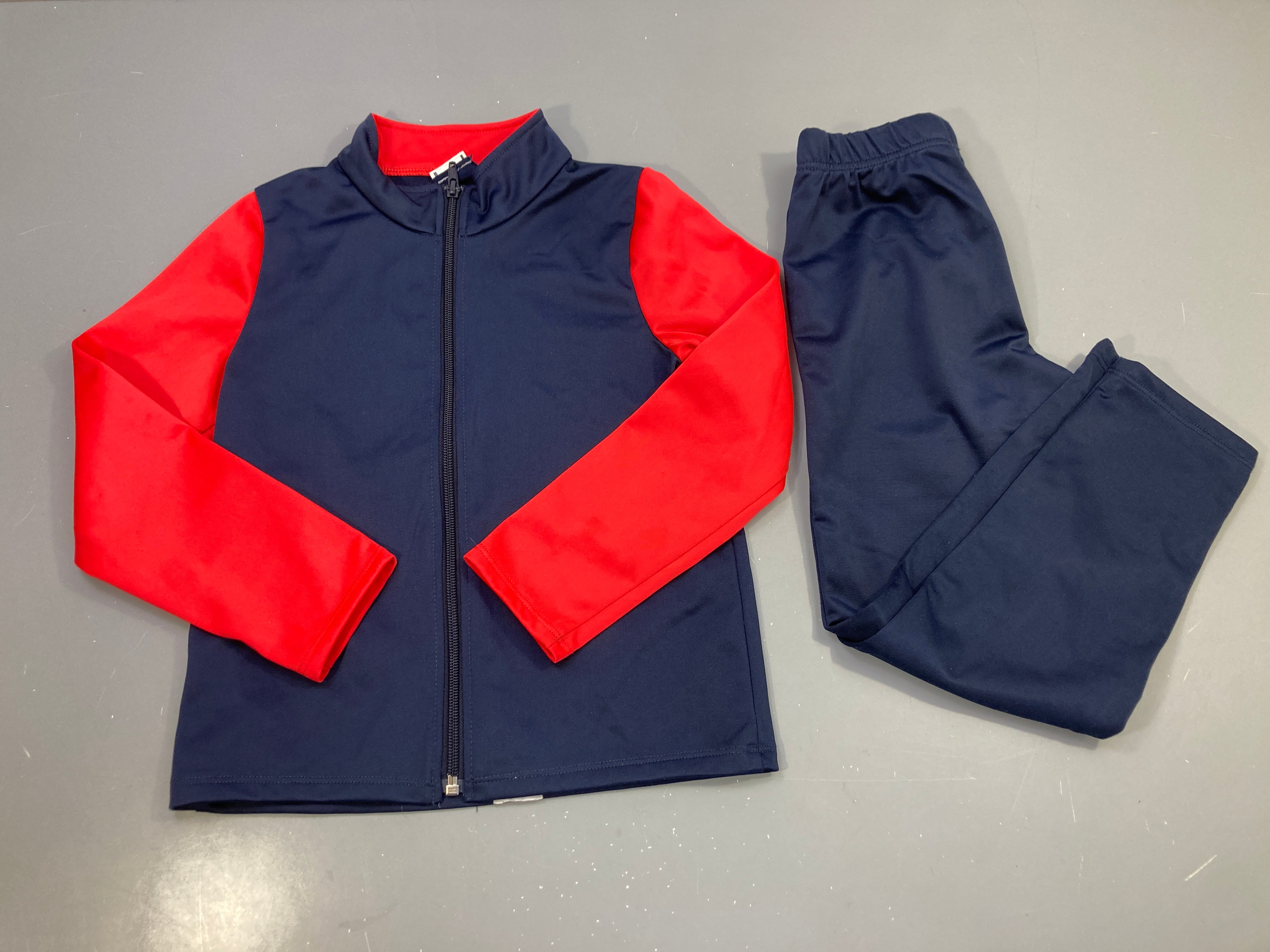Ensemble jogging bleu marine/rouge, veste zippée + pantalon bouloché haut