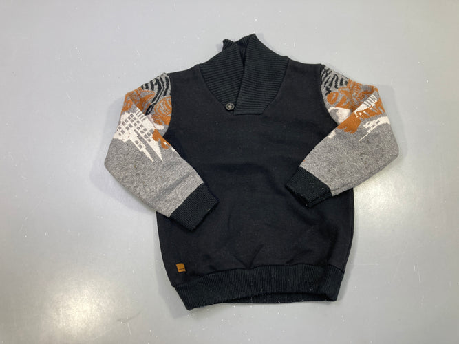 Pull col châle noir, manches imprimé ville, moins cher chez Petit Kiwi