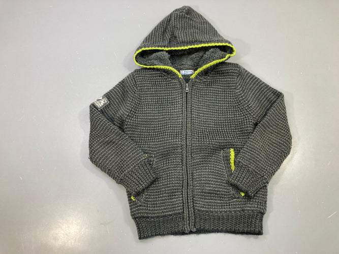Gilet chaud doublé peluche zippé capuche gris chiné, liseré jaune fluo, moins cher chez Petit Kiwi