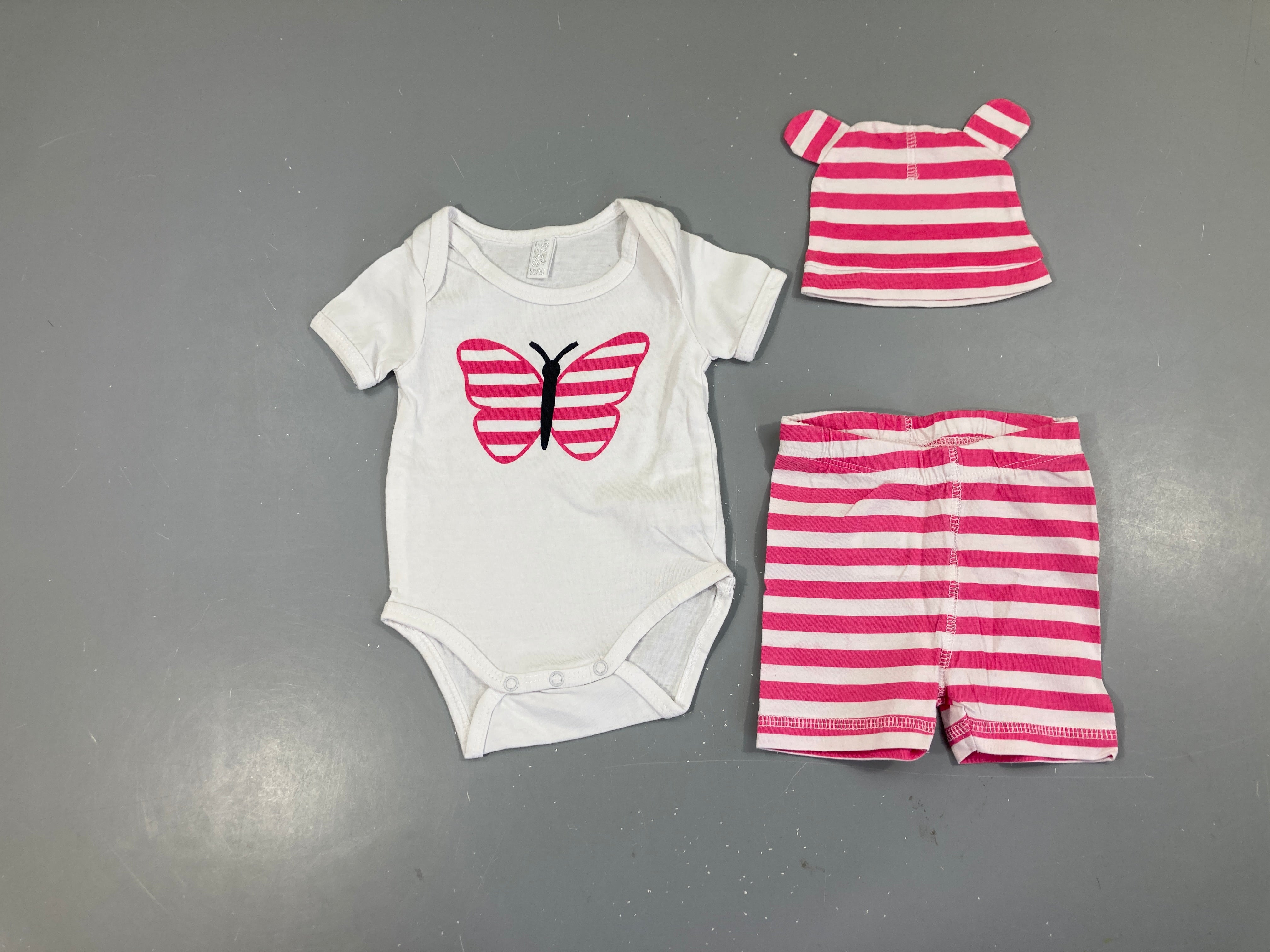 Ensemble Body m.c blanc papillon rose + Bonnet + legging