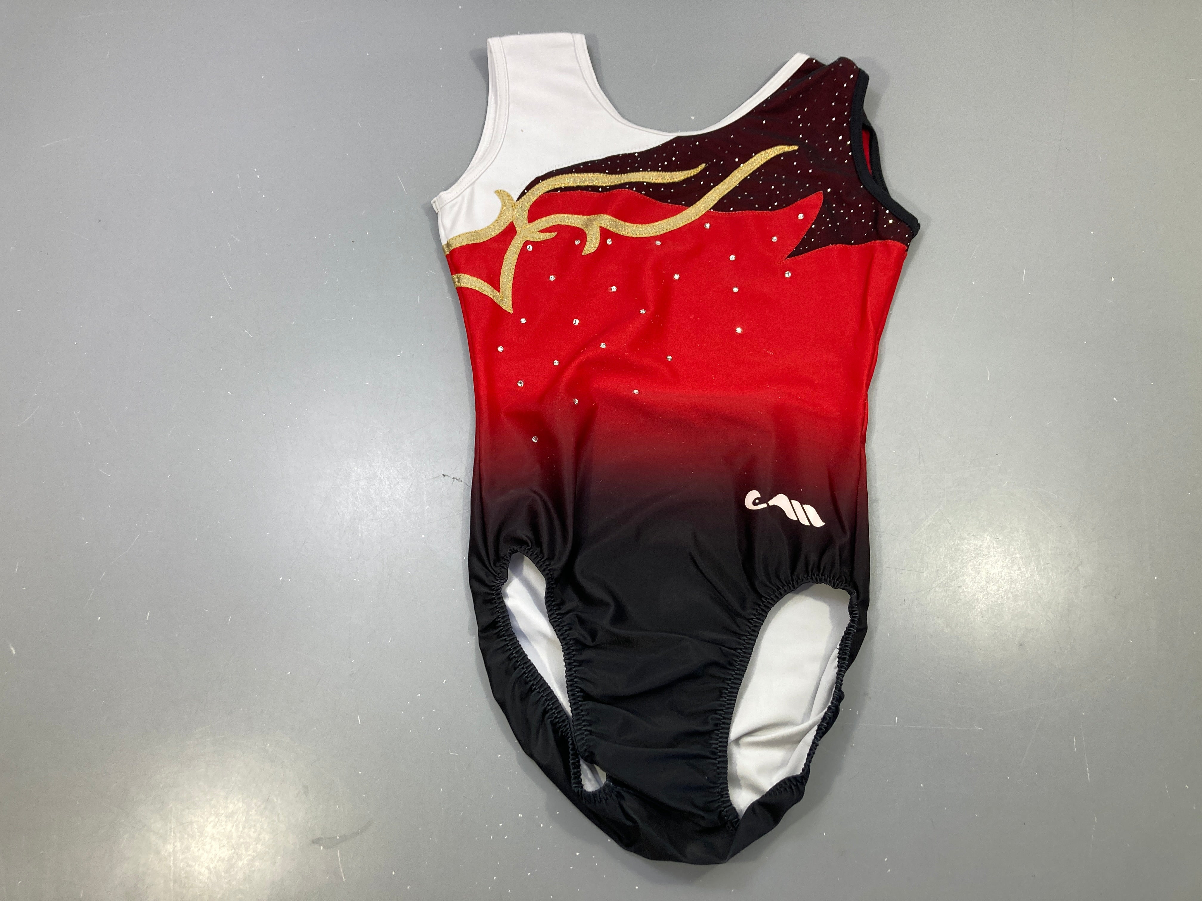 Maillot de danse s.m blanc rouge noir dégradé doré strass