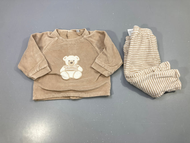 Ensemble velours beige ourson rayures, moins cher chez Petit Kiwi