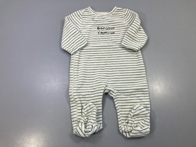 Pyjama velours rayé blanc vert imprimé Bonjour l'Amour, moins cher chez Petit Kiwi