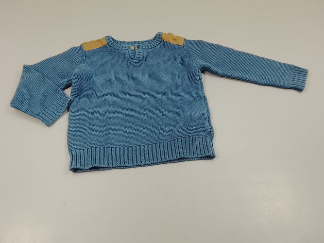 Pull tricot bleu avec empiècements bruns aux épaules, moins cher chez Petit Kiwi