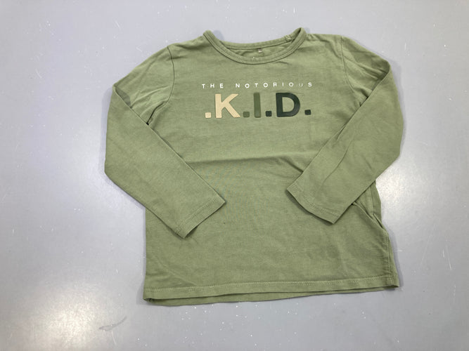 T-shirt m.l vert kaki texte K.I.D., moins cher chez Petit Kiwi