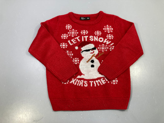 Pull rouge Let it snow bonhomme de neige, moins cher chez Petit Kiwi