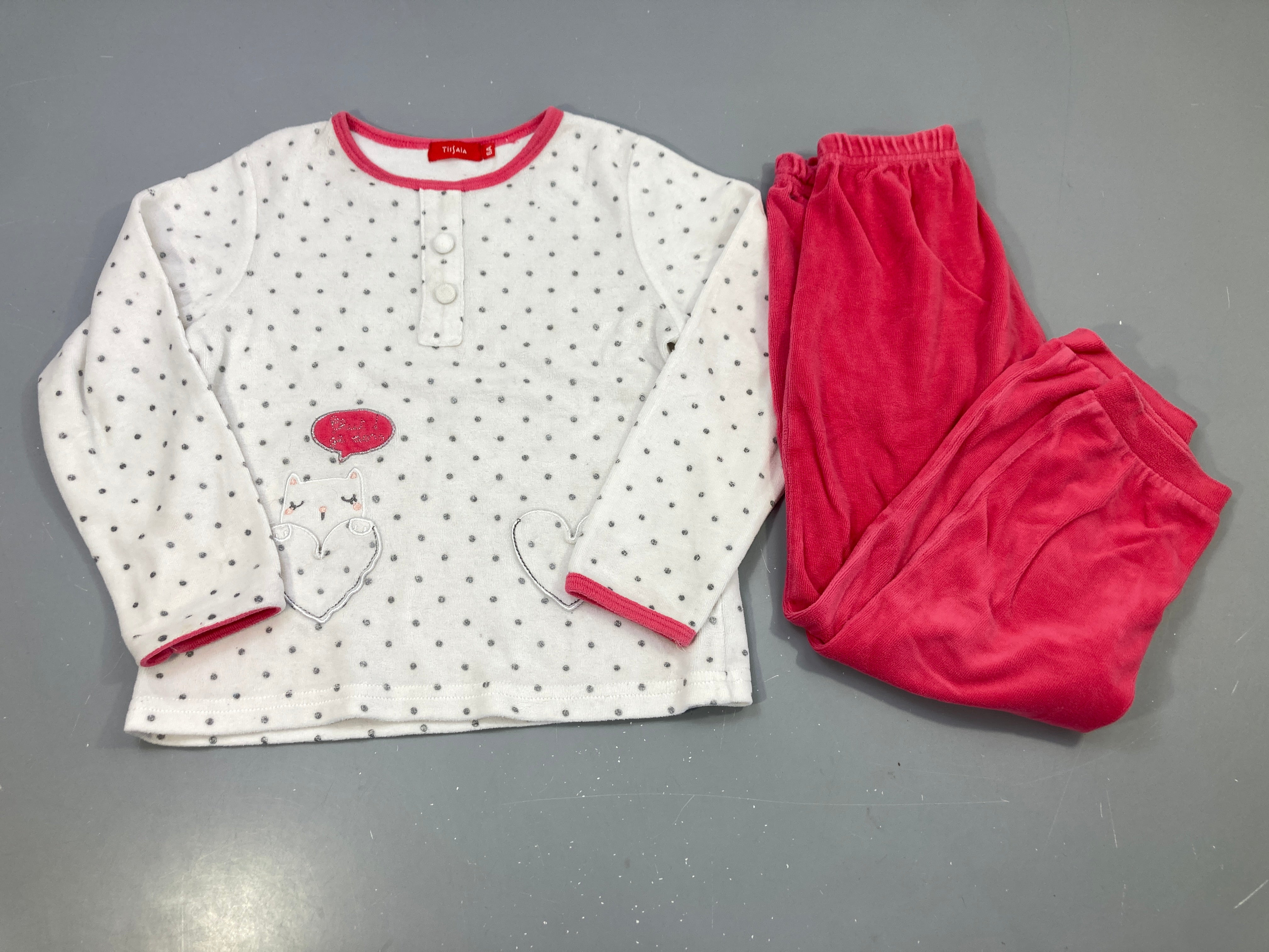 Pyjama 2pcs velours blanc pois, chat coeur framboise