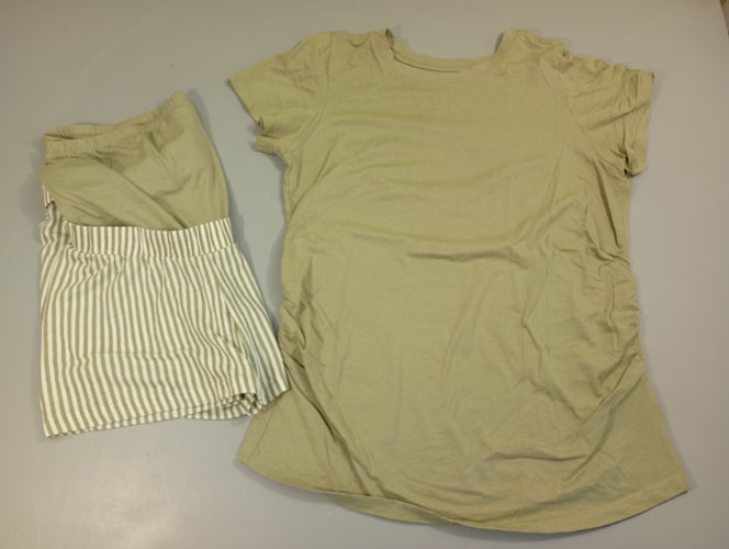 Pyjama short 2 pcs jersey dessu kaki, dessous  ligné kaki, blanc, moins cher chez Petit Kiwi