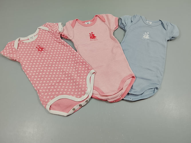 Lot de 3 bodies m.c , 1 rose à pois bâteau rose, 1 rayé rose et blanc  bâteau rose et 1bleu bâteau blanc, moins cher chez Petit Kiwi