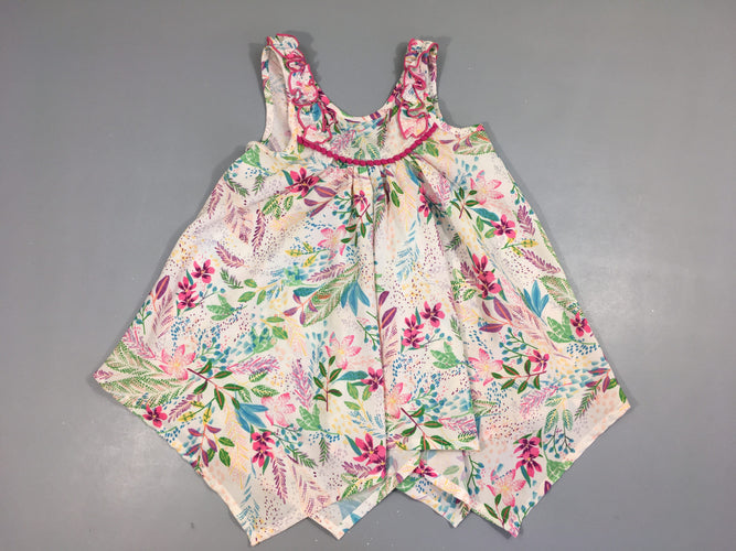 Blouse s.m écru fleurie pompons devant froufrous, moins cher chez Petit Kiwi
