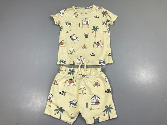 T-shirt m.c jaune motifs plage + short, moins cher chez Petit Kiwi
