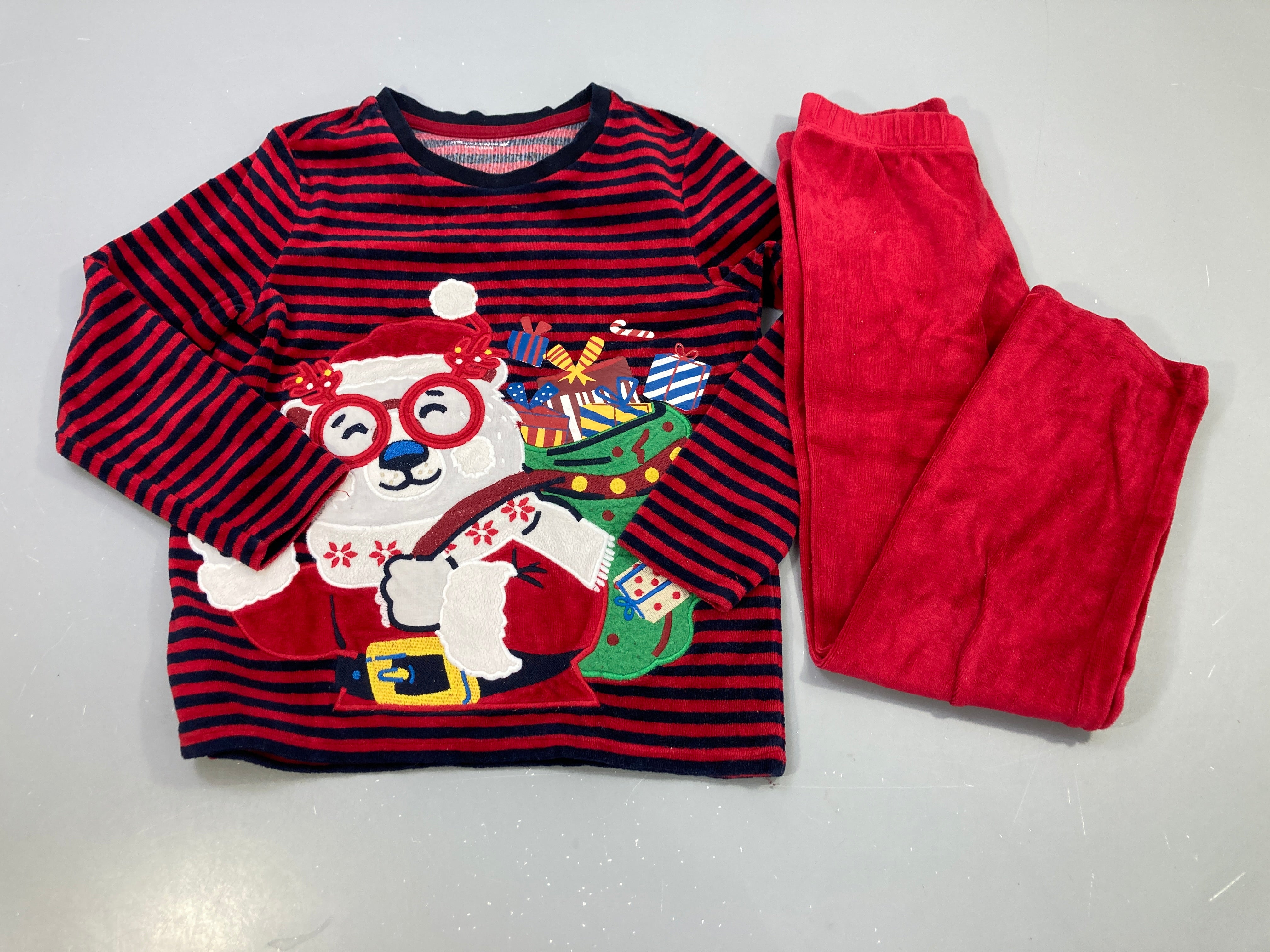 Pyjama 2pcs velours Noël rayé rouge marine, ours polaire cadeaux