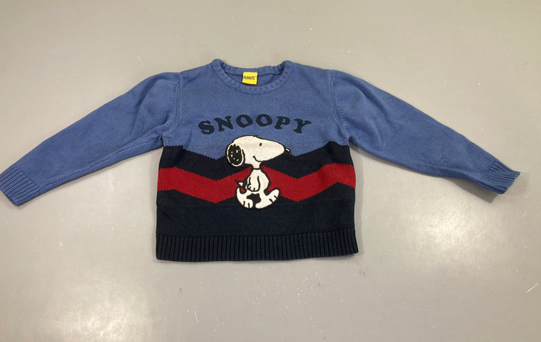 Pull bleu foncé Snoopy, légèrement bouloché, moins cher chez Petit Kiwi