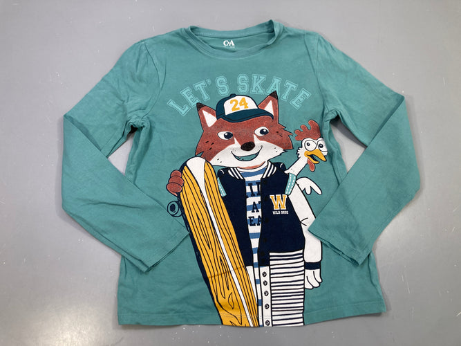 T-shirt m.l vert d'eau, renard skateboard, Let's Skate, moins cher chez Petit Kiwi