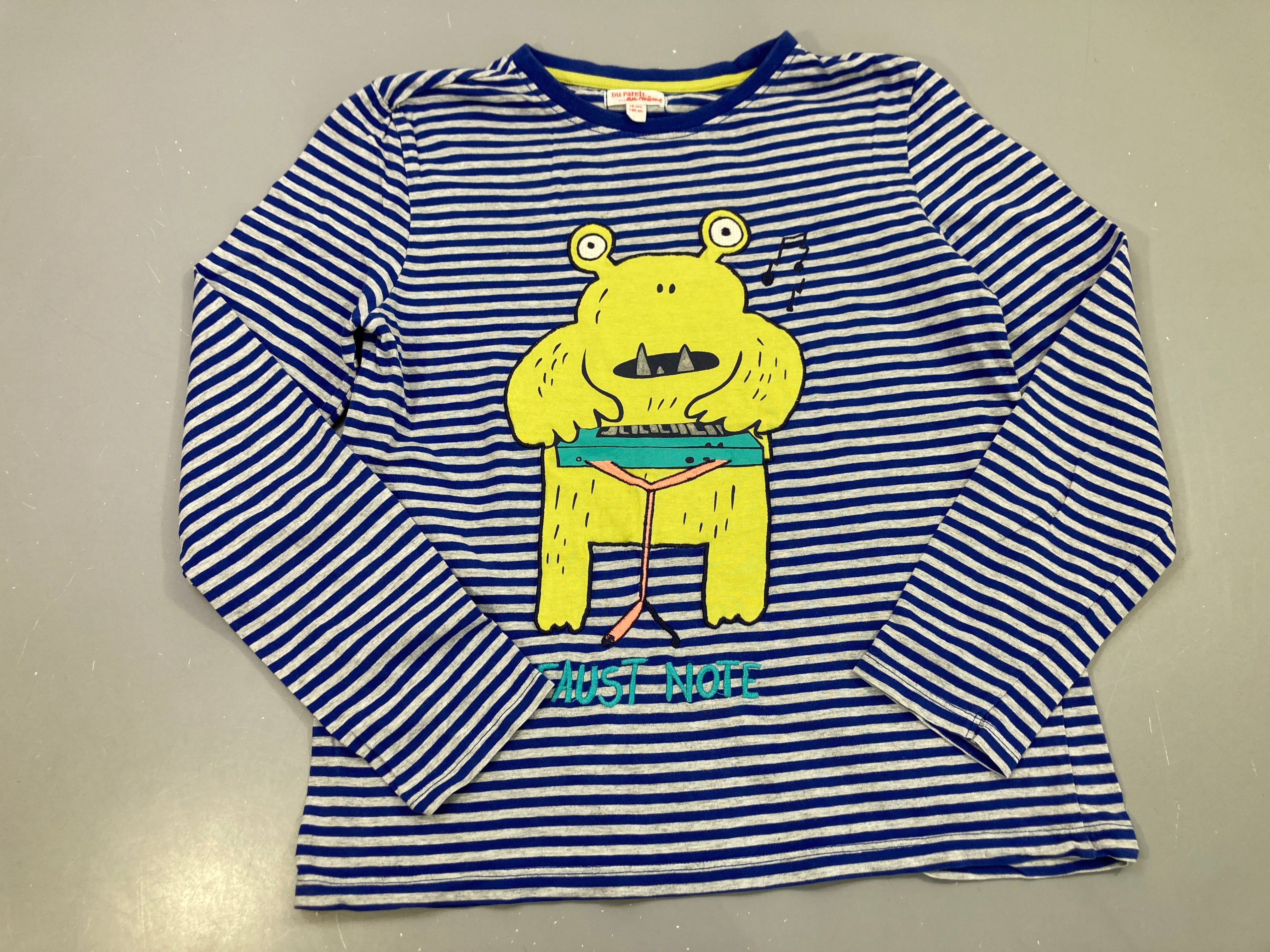 T-shirt m.l rayé bleu et gris, monstre harmonica, Faust Note