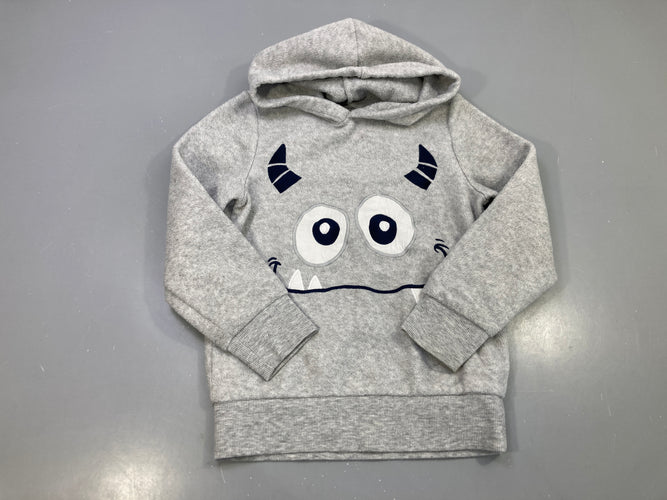 Sweat polar à capuche gris chiné, motif monstre appliqué, moins cher chez Petit Kiwi