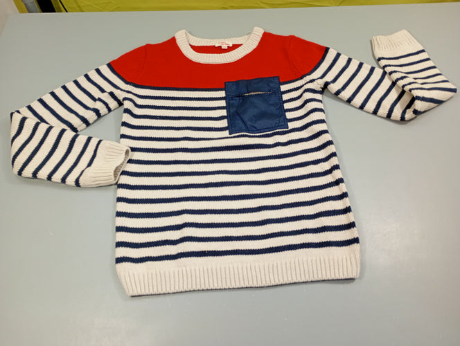 Pull tricot rouge , écru rayé bleu marine, poche bleu marine, moins cher chez Petit Kiwi