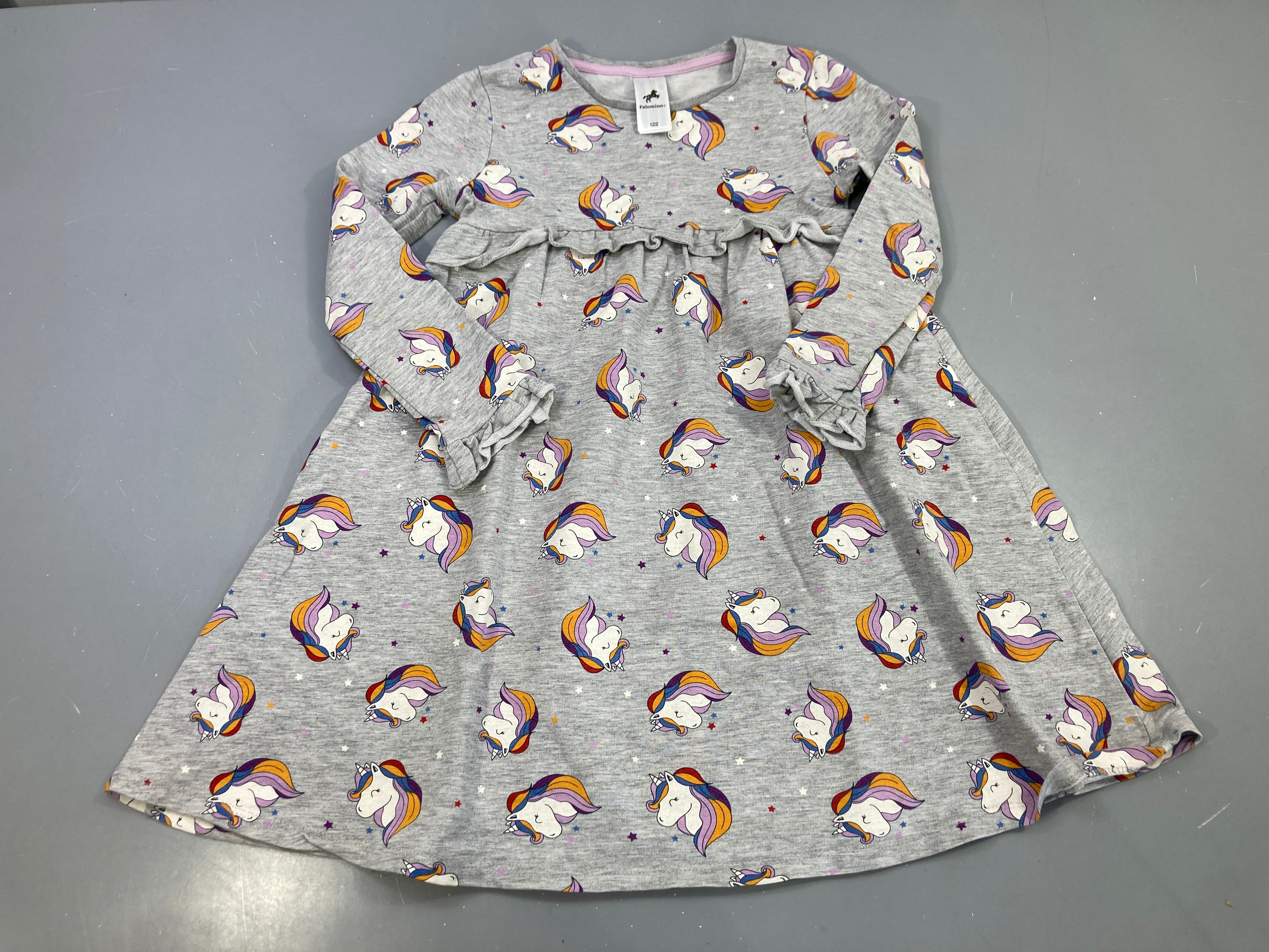 Robe m.l grise chinée, licornes multicolores, volants poignets, Palomino
