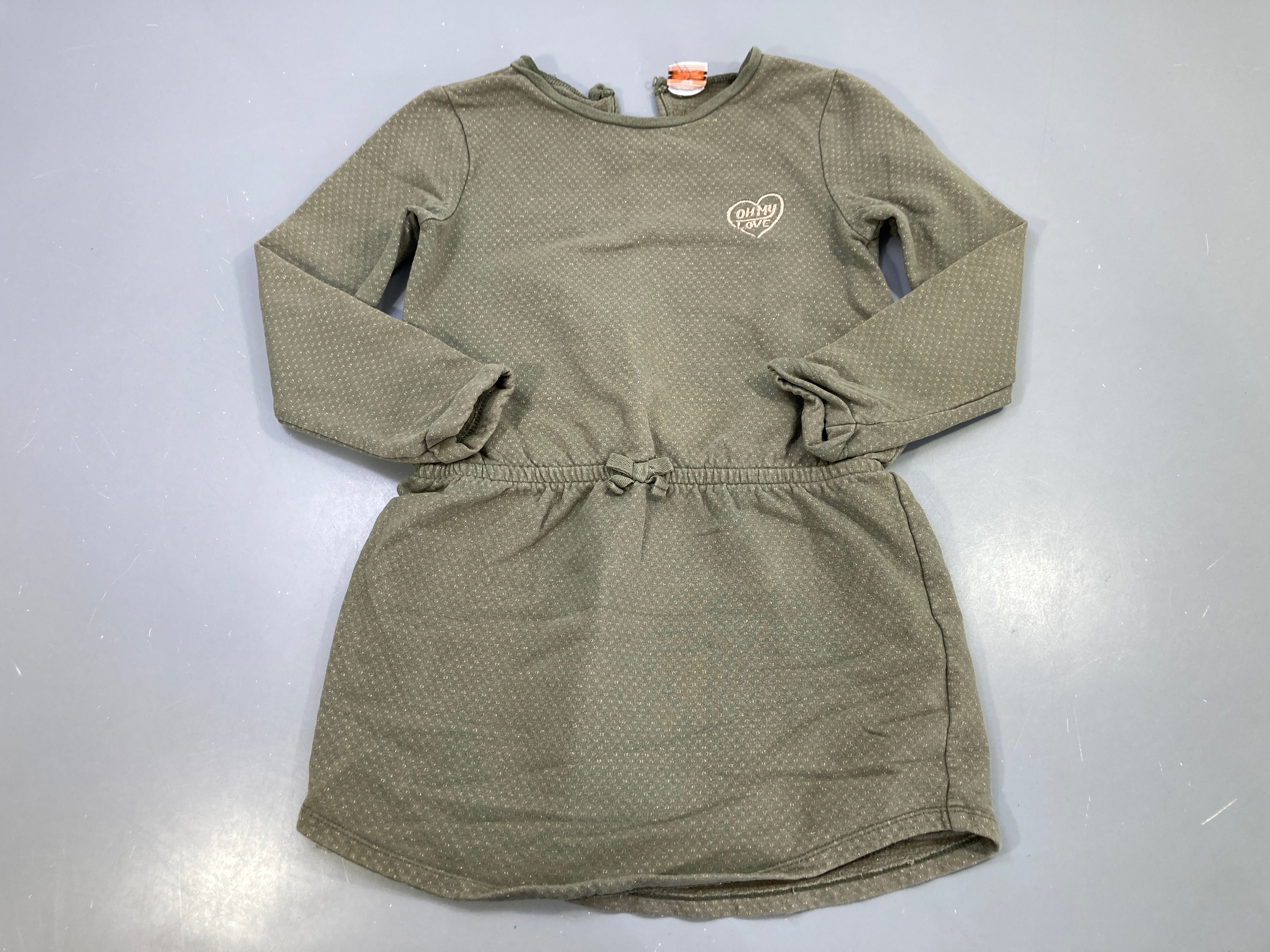 Robe m.l kaki, pois dorés, coeur brodé Oh my love, noeud taille