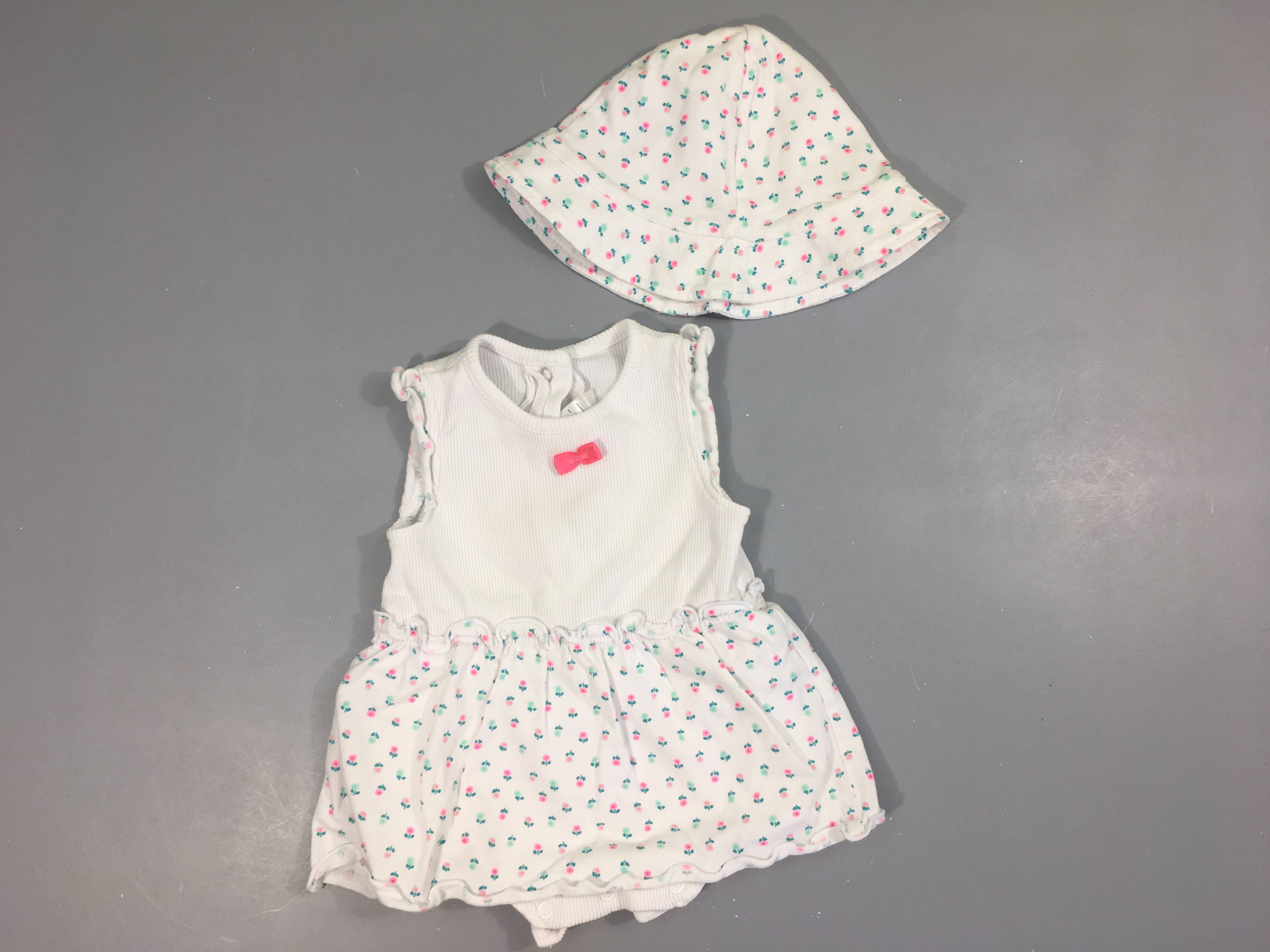 Robe s.m jersey blanc côtelé fleurie body intégré + chapeau