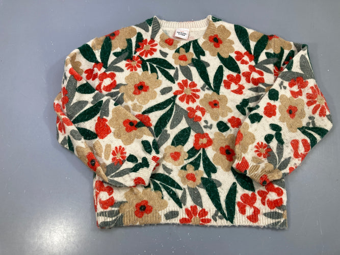 Pull écru laine, fleurs rouges vertes Bouloché, moins cher chez Petit Kiwi