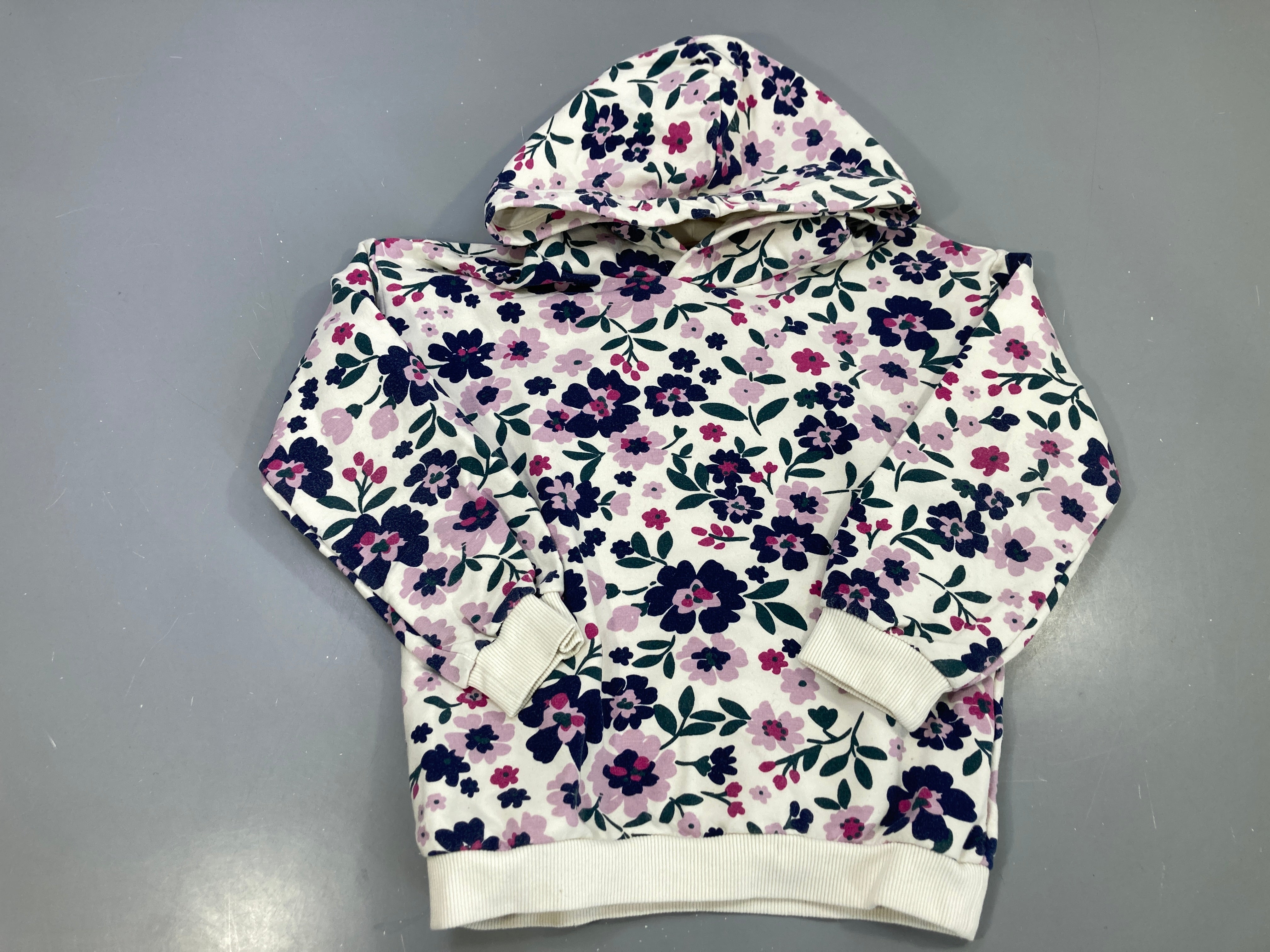 Sweat capuche écru, fleurs marine rose Légèrement bouloché