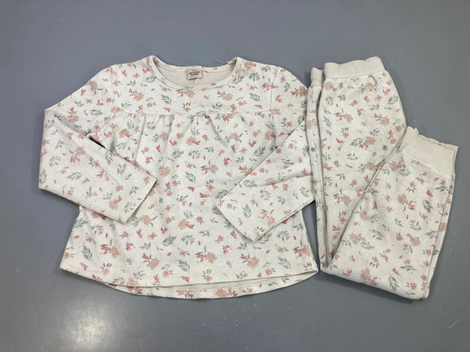 Pyjama 2pcs velours écru fleurs saumons, moins cher chez Petit Kiwi