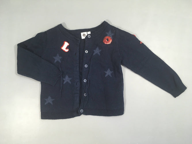 Gilet bleu foncé lettres sequins, bouloché, moins cher chez Petit Kiwi