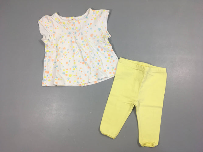 T-shirt m.c blanc pois mutlicolores + legging jaune, légèrement bouloché, moins cher chez Petit Kiwi