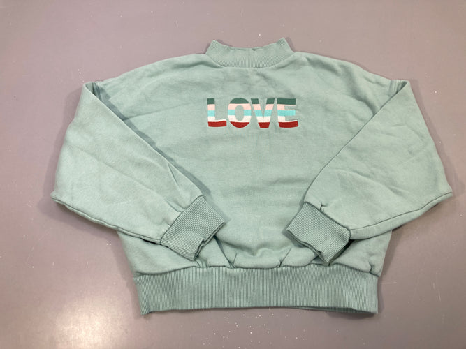 Sweat col montant vert menthe, motif LOVE brodé, moins cher chez Petit Kiwi