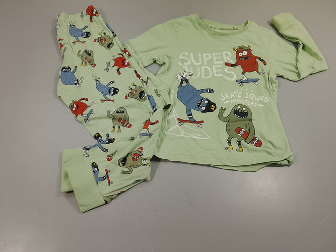 Pyjama 2pcs jersey vert clair, motifs monstres, moins cher chez Petit Kiwi