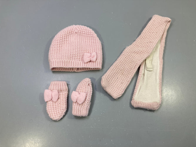 Ensemble bonnet, écharpe, moufles rose tricot, nœuds, écharpe doublée polaire, moins cher chez Petit Kiwi