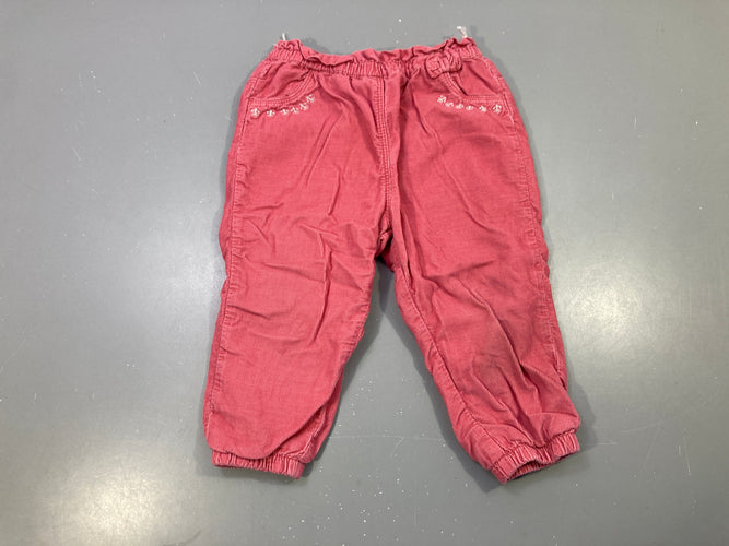 Pantalon velours côtelé vieux rose, broderies blanches, nœud, chevilles élastiquées, moins cher chez Petit Kiwi