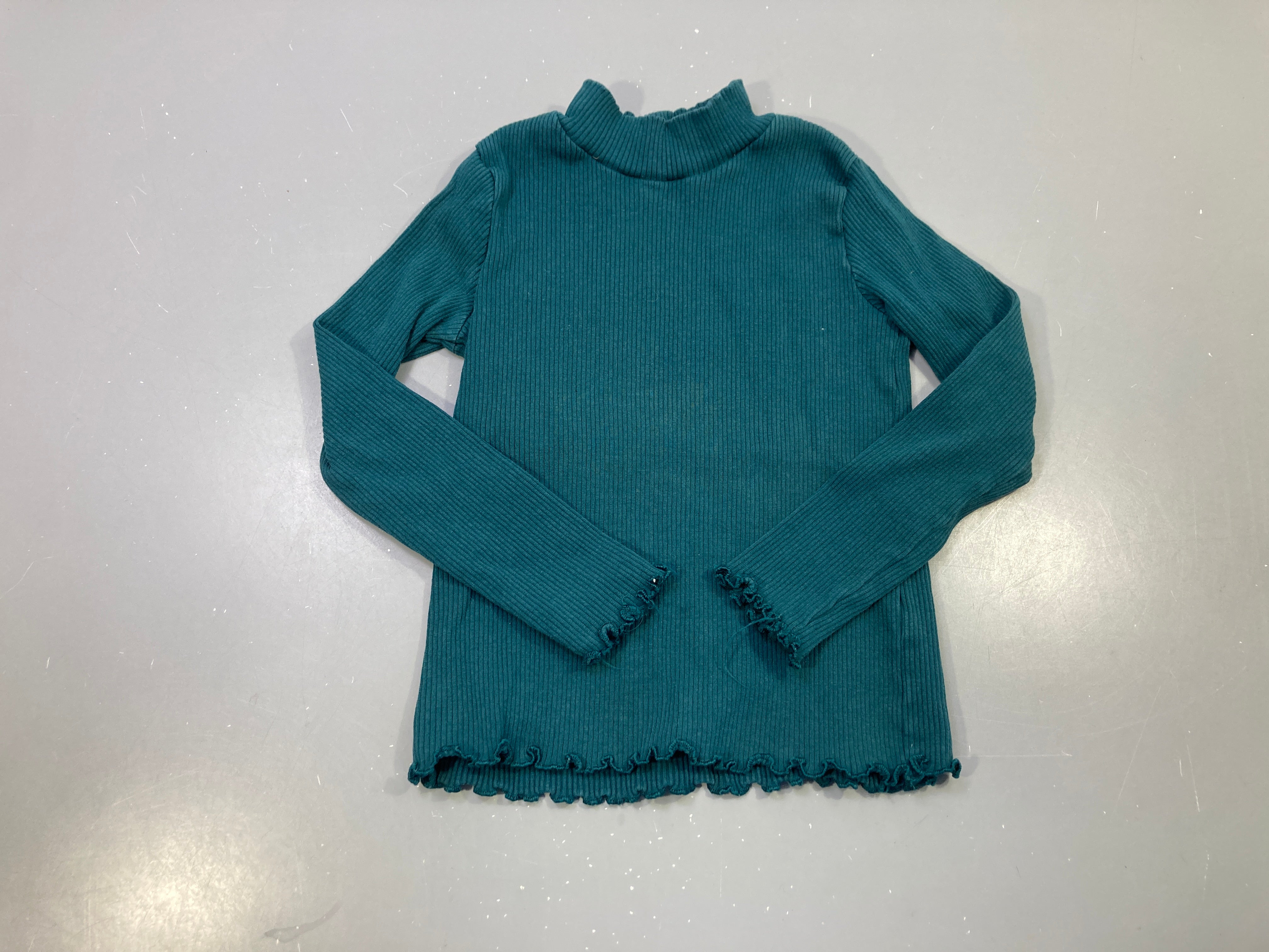 T-shirt m.l col montant bleu canard côtelé, finitions ondulées