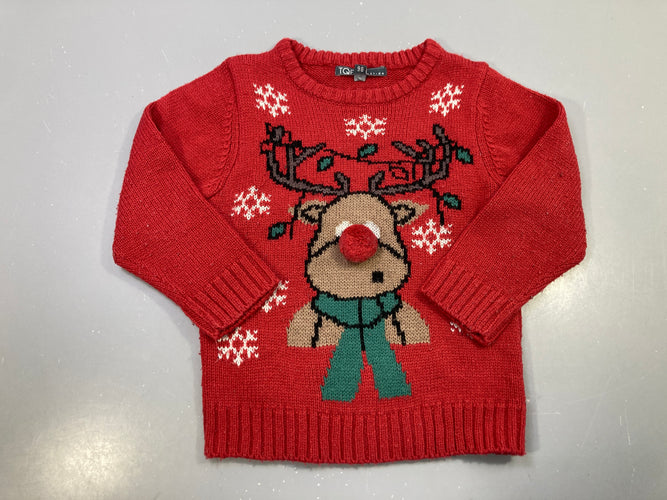 Pull rouge renne nez pompon, flocons Bouloché, moins cher chez Petit Kiwi