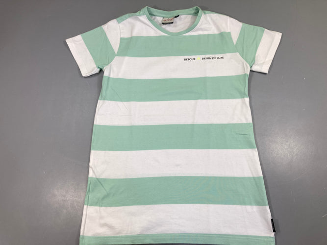 T-shirt m.c vert rayé retour denim de luxe, légèrement bouloché, moins cher chez Petit Kiwi