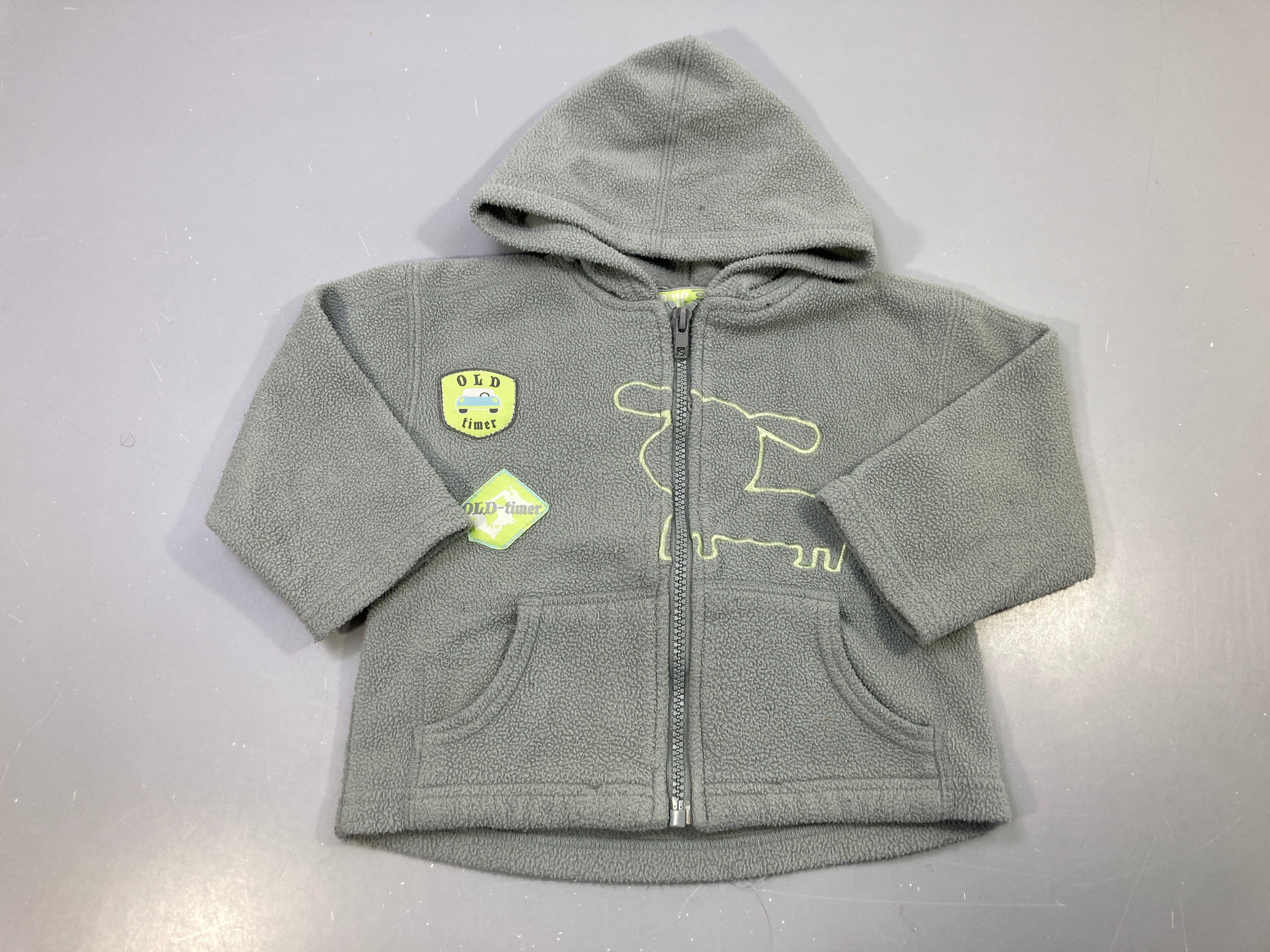 Polar zippé capuche gris polaire, écussons Old timer, mouton brodé