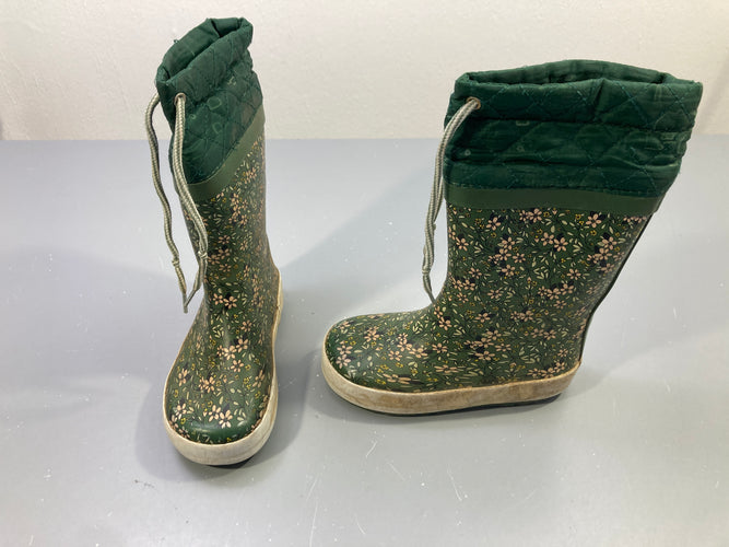 Bottes de pluie vert kaki caoutchouc fleuries, tige matelassée à cordon, moins cher chez Petit Kiwi