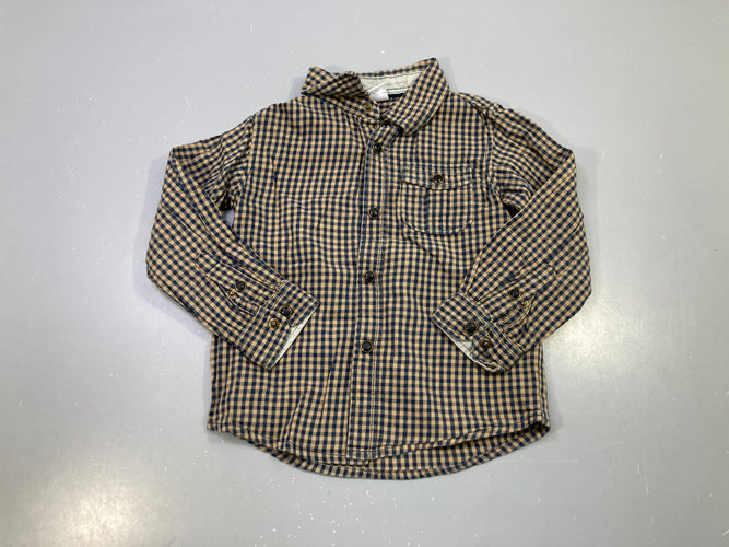 Chemise m.l beige bleu marine vichy, boutons pression, poche poitrine, moins cher chez Petit Kiwi