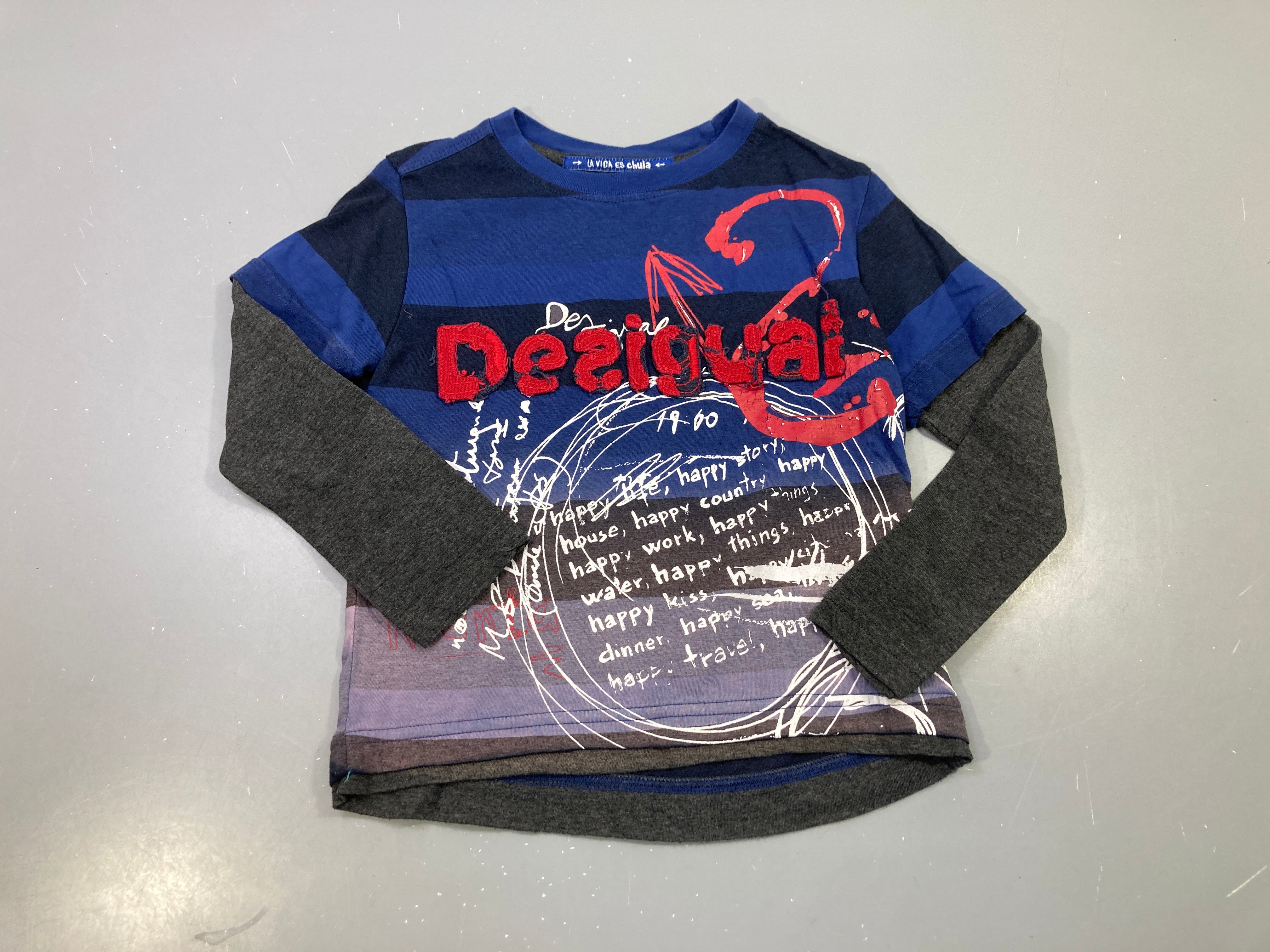 T-shirt m.l bleu rayé manches grises effet 2 en 1, imprimé logo rouge