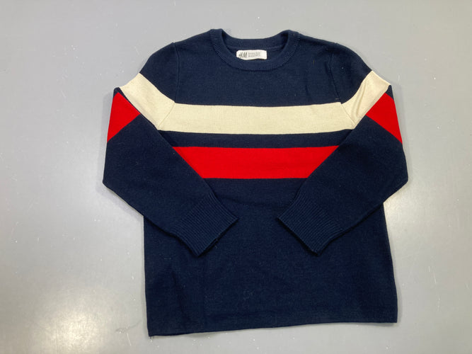 Pull bleu marine bandes écru et rouge, maille, moins cher chez Petit Kiwi