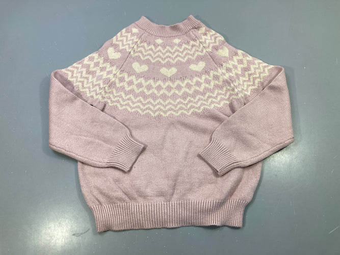 Pull vieux rose jacquard cœurs et vagues écrus, maille, moins cher chez Petit Kiwi