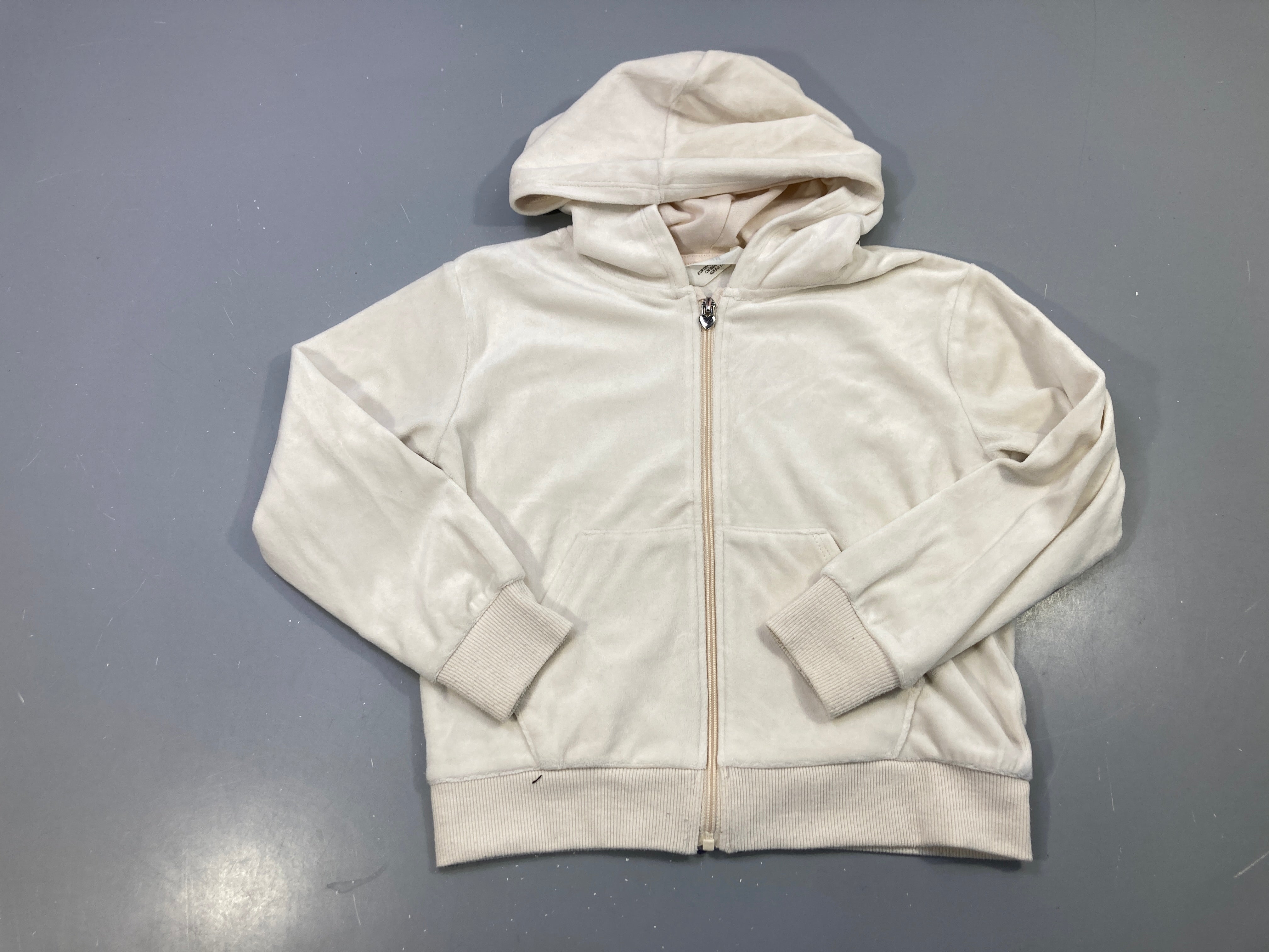 Sweat zippé capuche écru velours, tirette cœur Petite tache manche droite