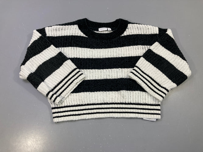 Pull noir écru rayé, maille chenille, coupe courte, moins cher chez Petit Kiwi