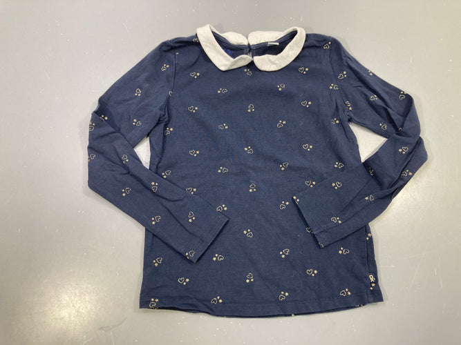 T-shirt m.l bleu marine cœurs étoiles dorés, col claudine blanc, moins cher chez Petit Kiwi