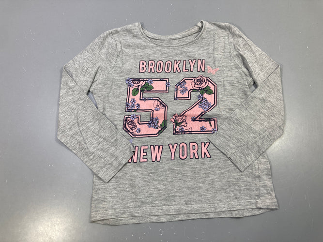 T-shirt m.l gris chiné imprimé Brooklyn 52 fleuri pailleté, moins cher chez Petit Kiwi
