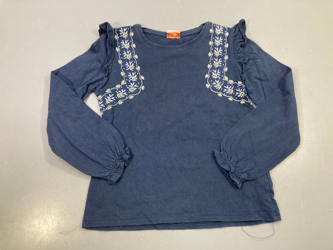 T-shirt m.l bleu marine broderies fleurs, volants épaules et poignets, moins cher chez Petit Kiwi