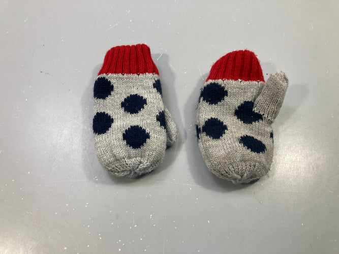 Moufles grises pois bleu marine, poignets rouges, maille, moins cher chez Petit Kiwi