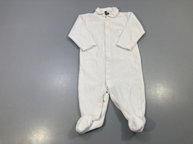 Pyjama velours blanc col claudine, cœur brodé, à pieds, moins cher chez Petit Kiwi