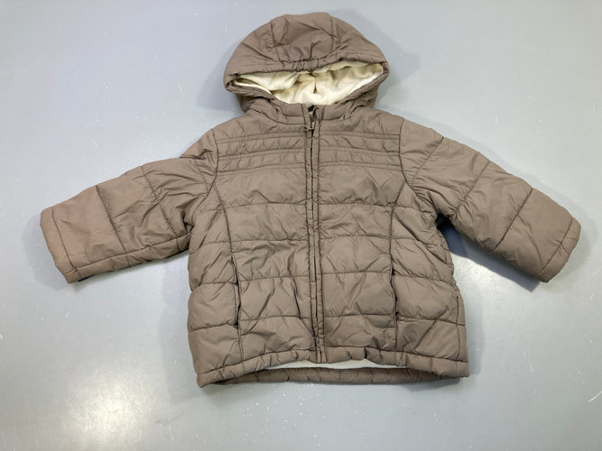 Doudoune zippée taupe capuche, doublure polaire écru, moins cher chez Petit Kiwi